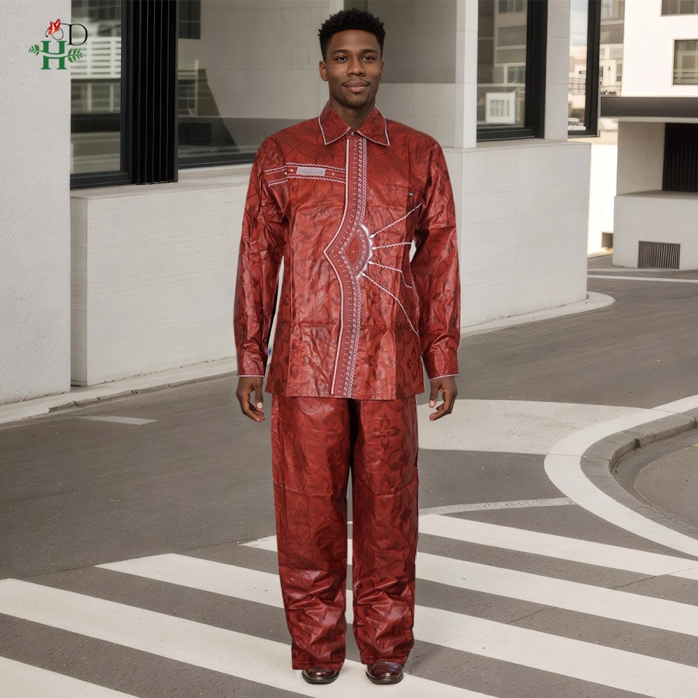 H&D African Mens Clothing Traditional Ankara Dashiki Men Shirt Embroidery 2 Piece Shirt Trousers Fashion Print Bazin Blue view 4