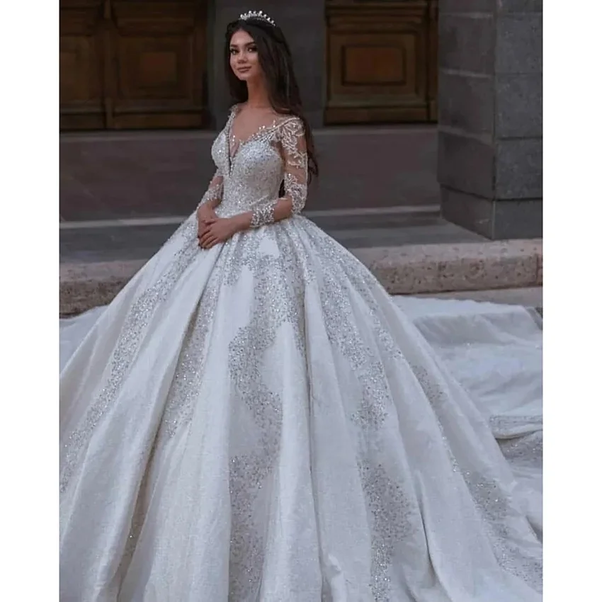 Dubai Wedding Dresses Ball Gown 3/4 Sleeves Appliques Beaded Bridal Gown Saudi Arabia Islamic Vestido De Noiva Customized