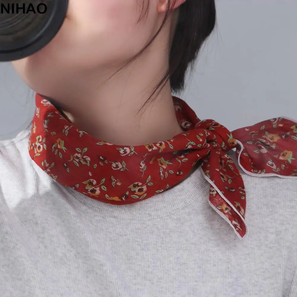 

Neckerchief Female Shawl Flower Printing Cotton Linen Wraps Silk Scarf Korean Style Scarves Small Square Scarf Printed Scarf