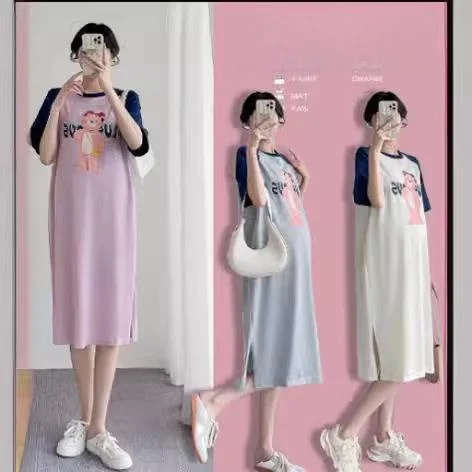 

Новая летняя свободная футболка-юбка для беременных 988 Real ot A-Line Midi Dr Tee-Quarter Sve round Ne с мультяшным принтом