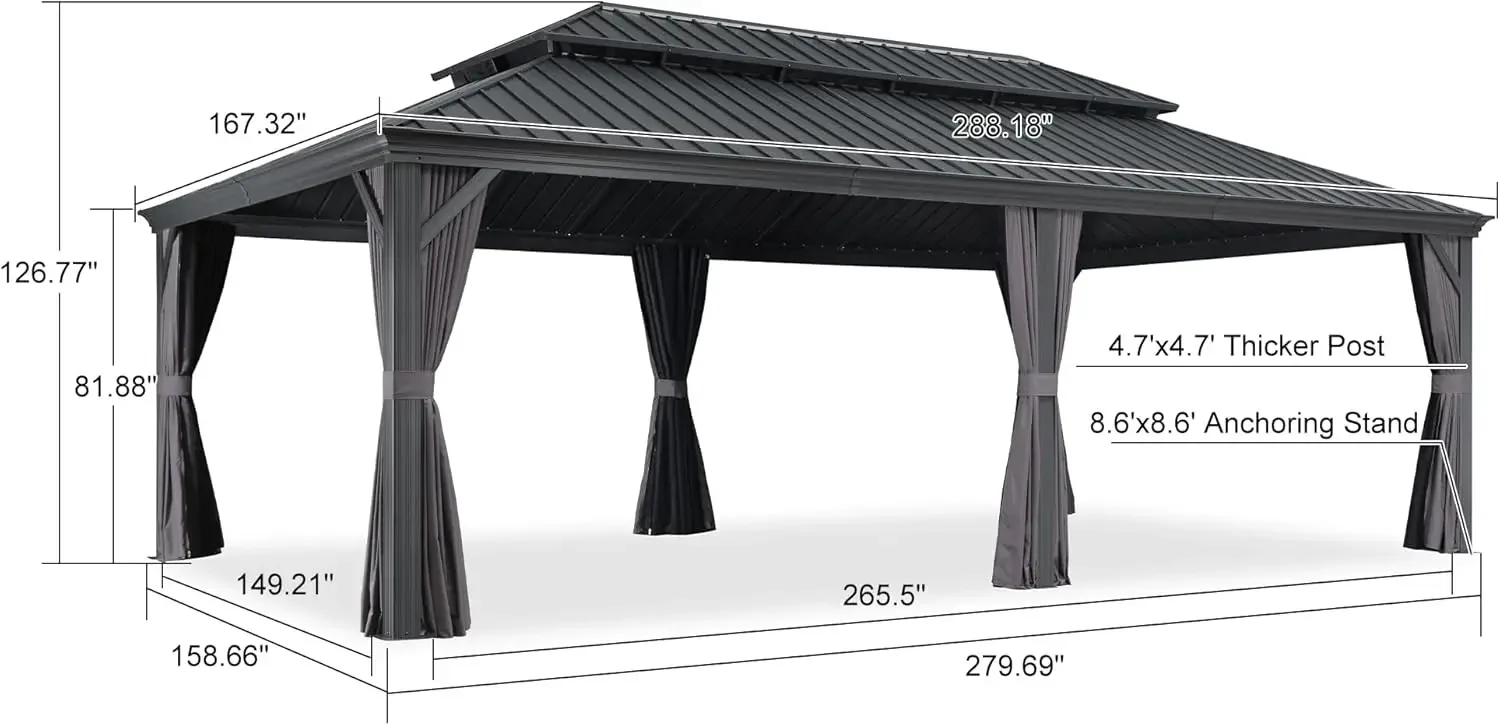 14' X 24' Outdoor Hardtop Gazebo Aluminum Pavilion Garden Patio Lawns Permanent Gazebo with Curtains and Nettings Grey