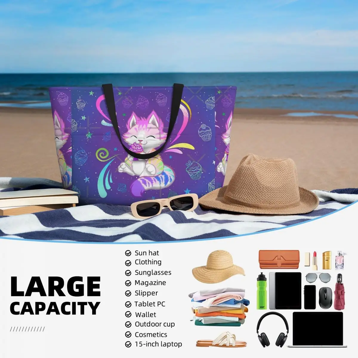 Bolso de viaje de playa de gatito arcoíris con cupcakes, bolso de mano Retro para adultos, bolso de hombro con patrón de múltiples estilos