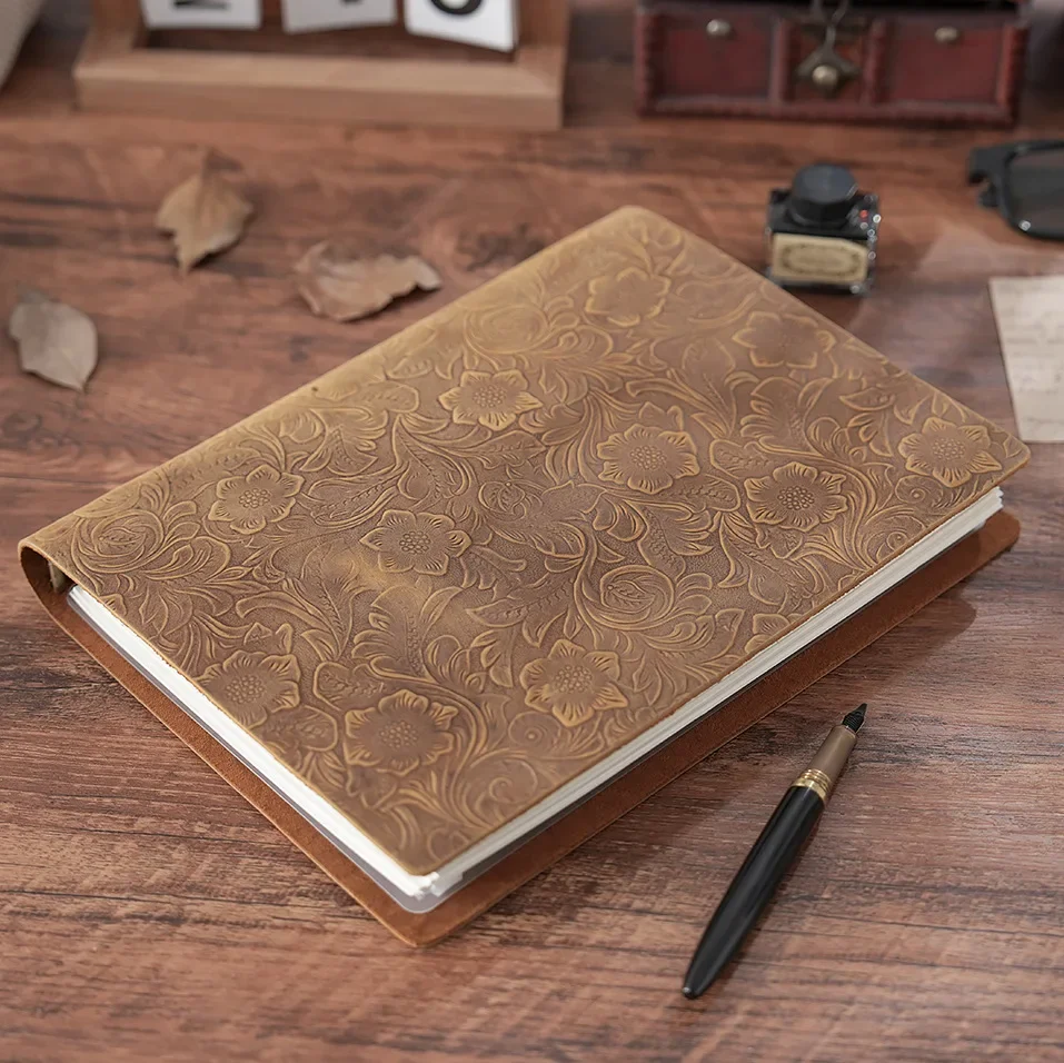 Fromthenon Carved Cowhide a4 Large Book Crazy Horse B5 Binder Thickened Vintage Sketch Notepad Diary