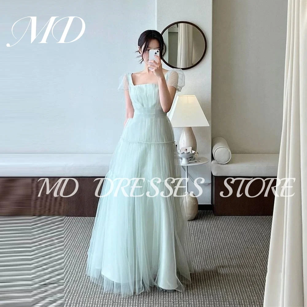 MD A-line Fairy Mint Green Wedding Dresses Puff Short Sleeves Bride Gowns Korea Tiered Photoshoot Square Neck Customized 2025