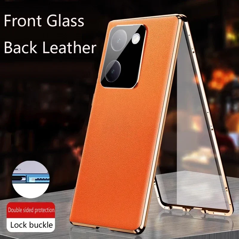 Metal Phone Case Glass For vivo y28e y03t y18i y17s y78 y56 y27 Y200 Pro Y300 Plus y36 4G 5G Protection Leather Back Cover Cases