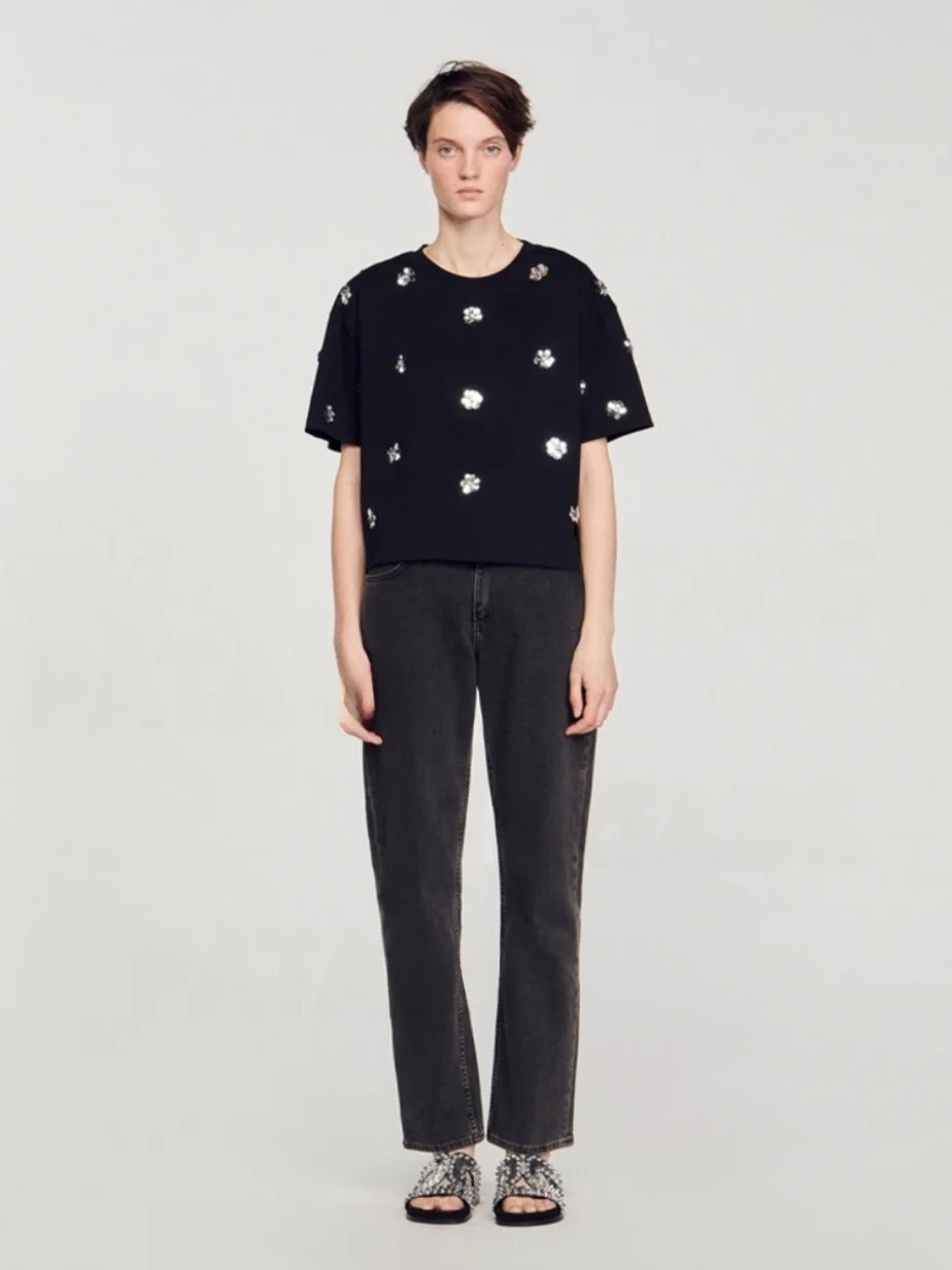 Ele Bla Gestricktes T-Shirt Damen Sommer New Sle Glitter Flower Top Baumwolle ort Sve rund Ne ort Länge Straigh...