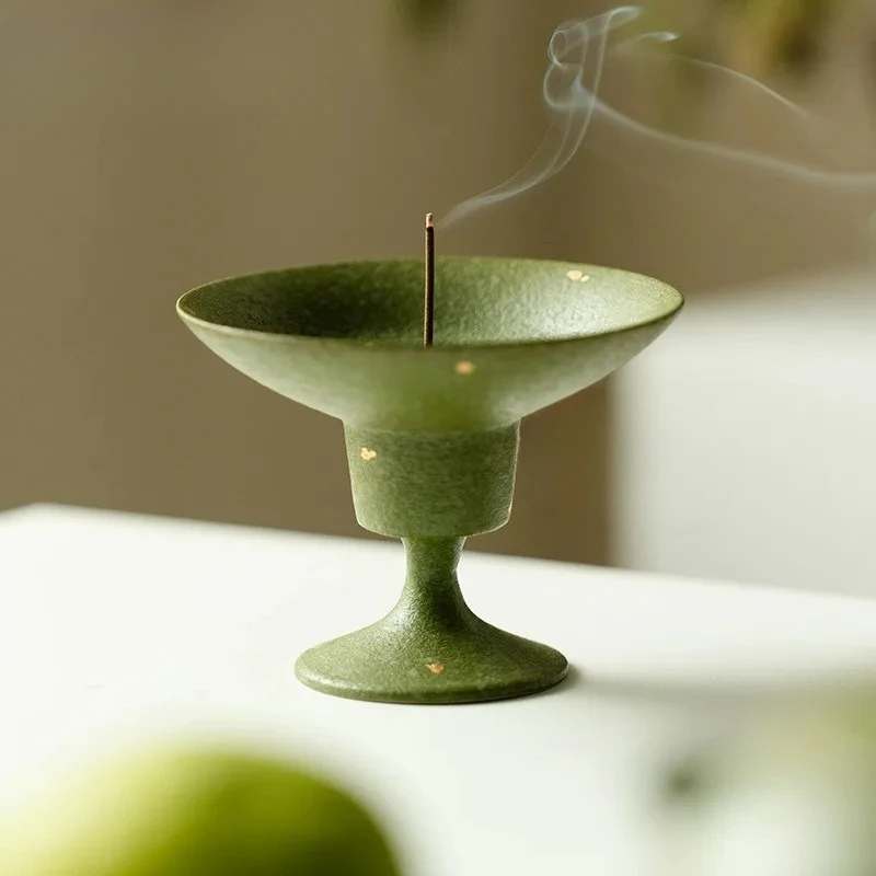 Green Tangerine Gold Sprinkled High Foot Incense Holder Zen Garden Incense Burners Consecrate Censer Home Accessories Ornaments
