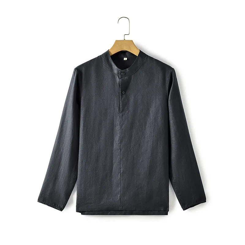 Chemise en lin décontractée pour hommes, ample et respirante, col montant, haut à manches longues, nouvelle collection