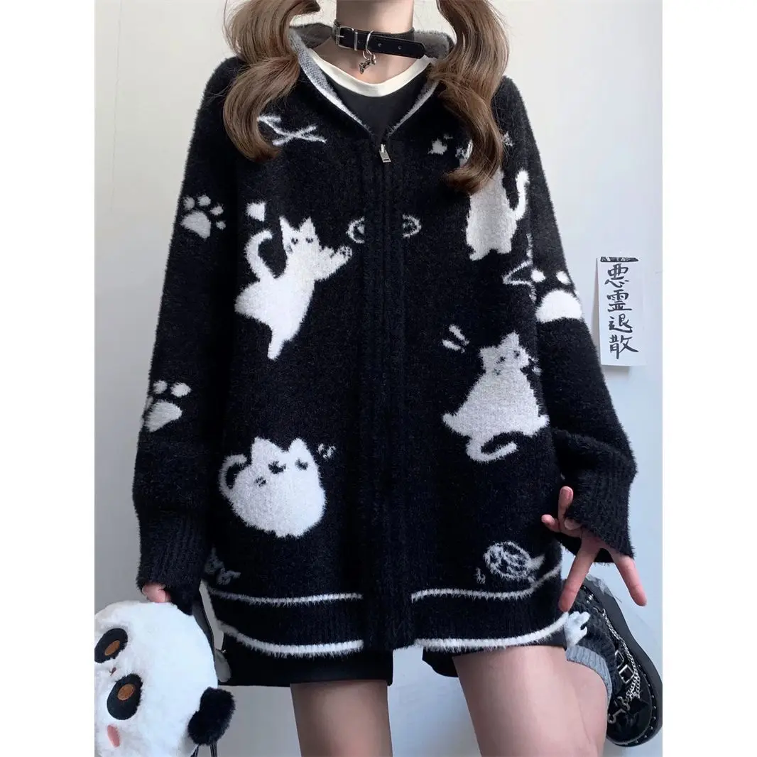 Japanese soft girl Dark cat imitation Mink sweater Coat Small flesh shield cute hooded zipper knit cardigan trend