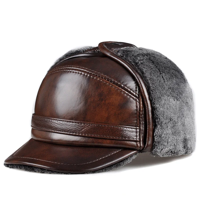 Male Winter Warm Ear Protection Bomber Hat Man Genuine Leather Faux Fur Inside Black/Brown Ultra Large Size 54-62cm Caps