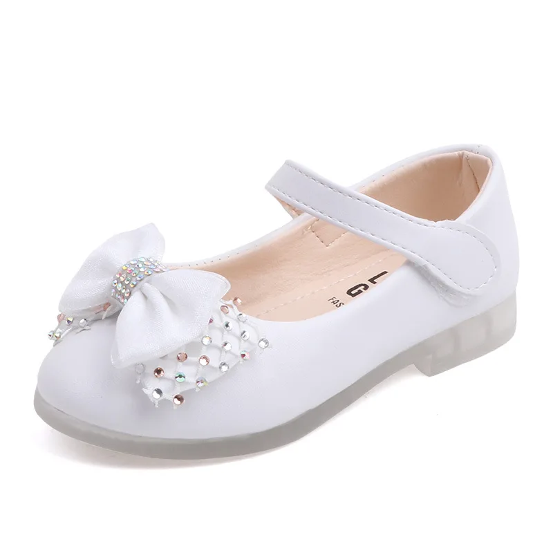 White Shoes For Girls Kids Wedding Dress Shoes Bow-knot Bowtie Sweet Crystal Children\'s Leather Flats Toddlers Girls Shoes 22-31