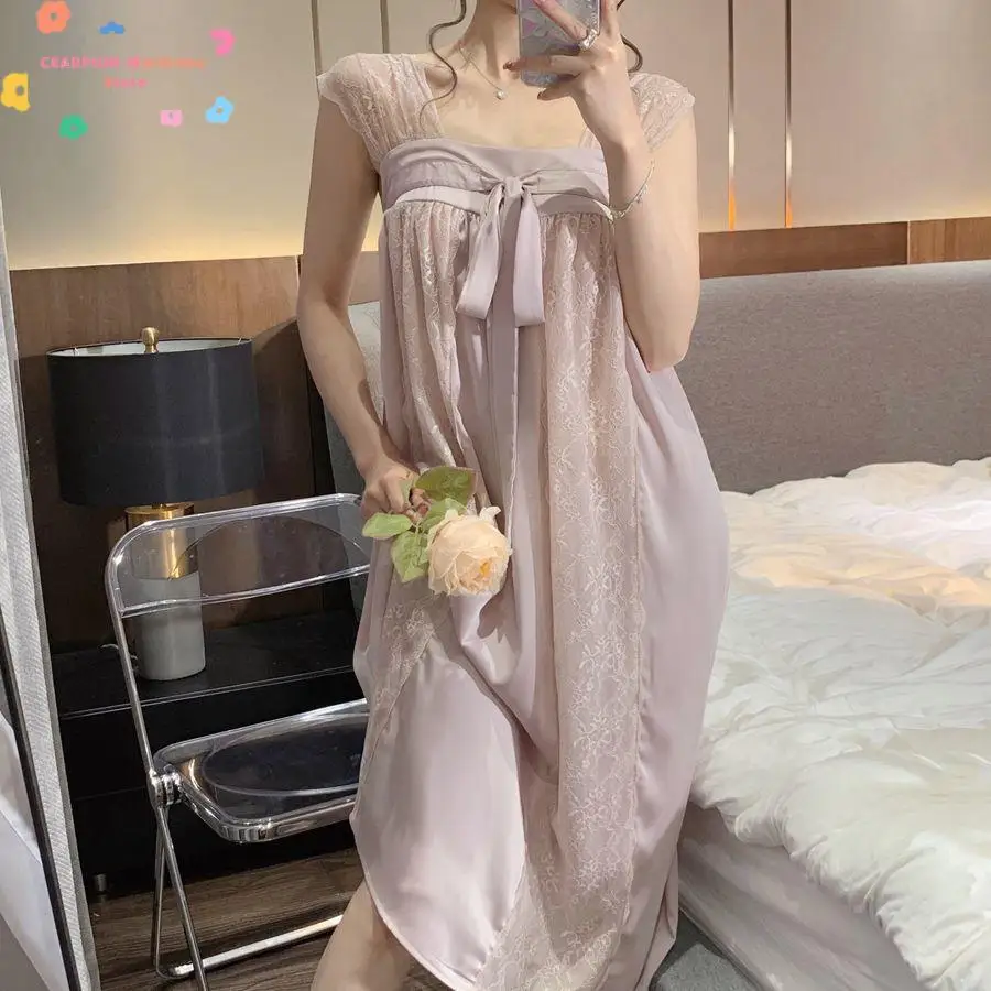 Purple Mesh Spaghetti Strap Women Princess Dress Vintage Lace Embroidered Homewear Fairy Hanfu Nightgown Sweet Bow Sleepshirt