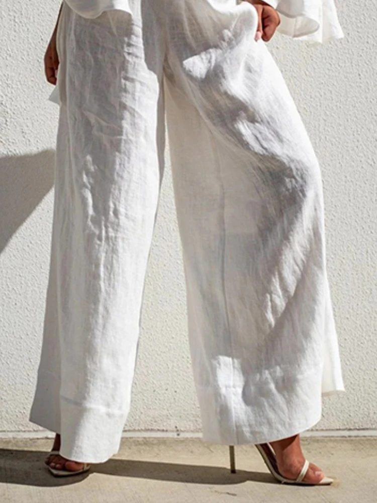 Yeezzi Dames Witte Katoenmix Wijde Pijpen Broek Hoge Taille Losse Elasticiteit Effen Kleur Split-Joint Casual Broek Bodems