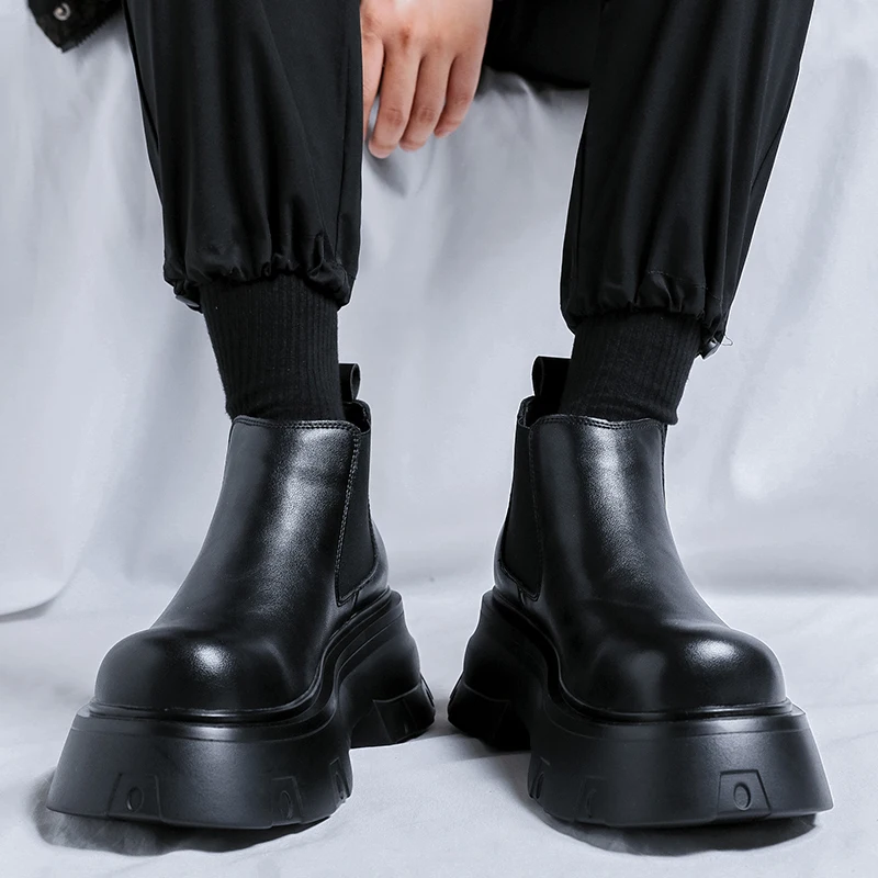 أحذية تشيلسي العصرية للرجال لزيادة الارتفاع أحذية رجال الأعمال باللون الأسود بنعل سميك أحذية عمل متينة أحذية اجتماعية بريطانية للرجال #1