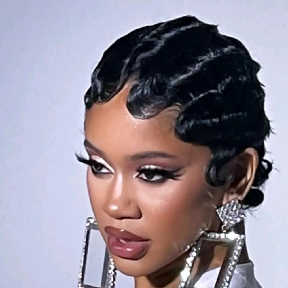 Peruki z krótkimi falami, peruka pixie cut, naturalny czarny kolor dla kobiet, krótka peruka z falami oceanicznymi, peruka wykonana maszynowo