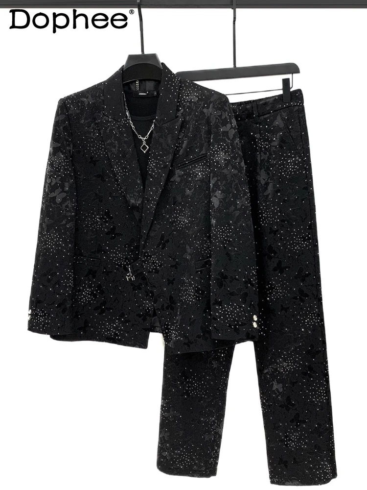 

Men's 2025 Spring Autumn New Chic 2pcs Butterfly Pattern Design Stylish Suit Sets Trendy Jacquard Rhinestone Suit Two-Piece Sets