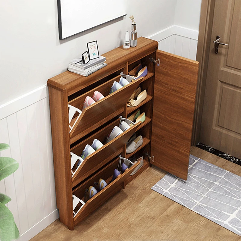 Modern foldable rotating shoes display stand storage device living room furniture wooden folding thin shoe cabinet