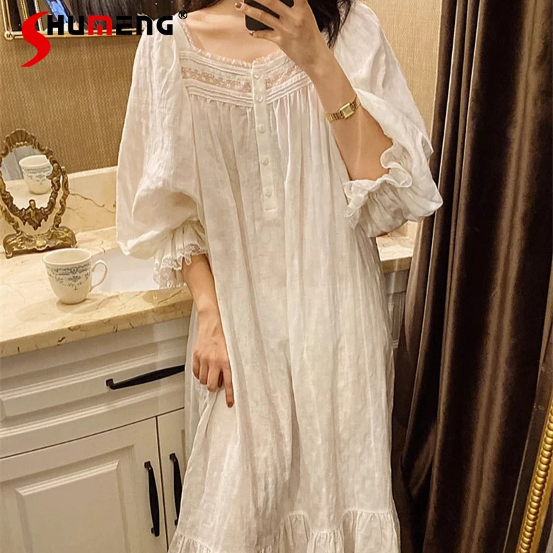 

Spring Autumn Princess Style Home Wear Women Long Sleeve Square Neck Nightdress Female Loose Sweet Pajamas Long Dress
