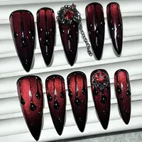 10PCS Dark Blood Red Spicy Girls Long Tip Handmade Press On Nails Red Diamonds Cat Eye Glitter Fake Nails Luxury Chains Nail Art