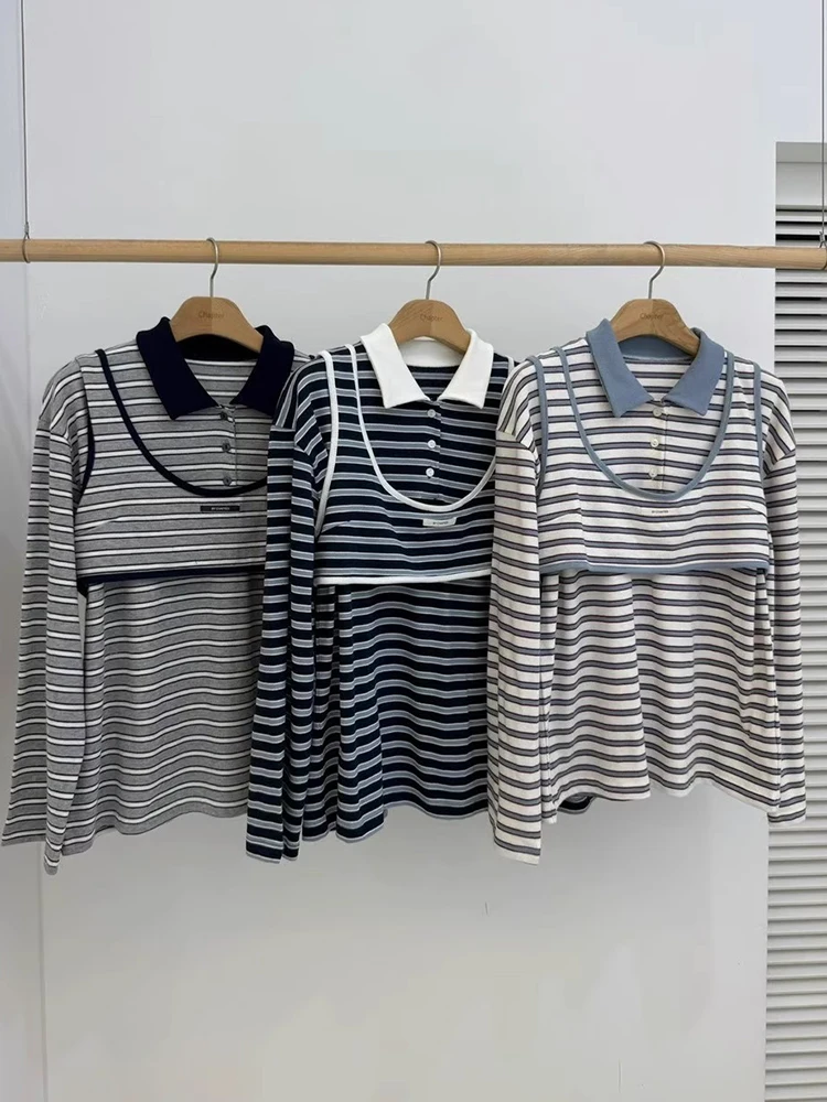 세련된 가을 빈티지 프레피 스트라이프 롱 Sve T-irt 여성 + 레이어드 버튼 업 오르트 조끼 Faionable Ensemble