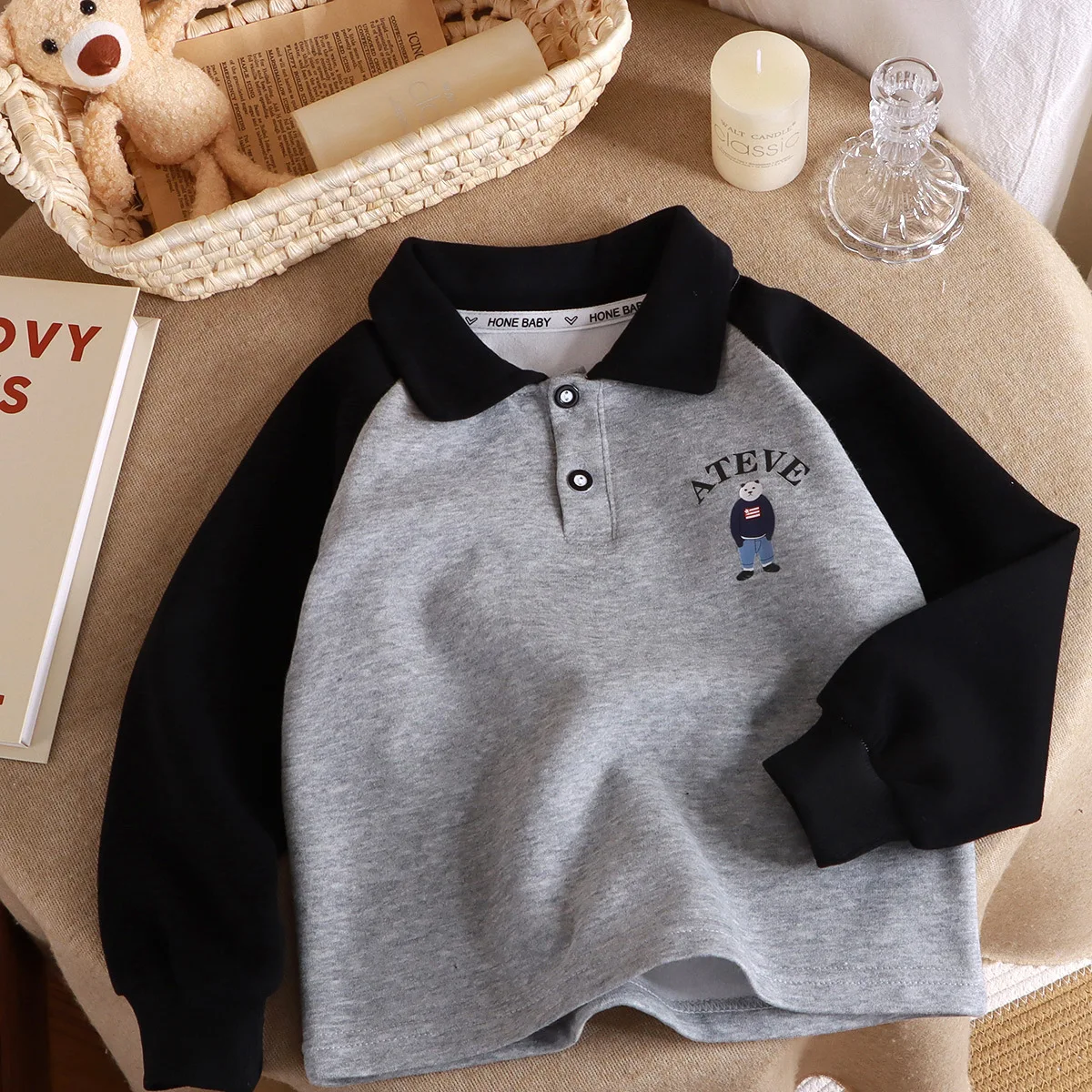 

Kid Girl Top Lapel Bear Print Button Front Children Sweatshirt Casual Wear Stylish Color Blocked Polo Shirt Black Long Sleeves