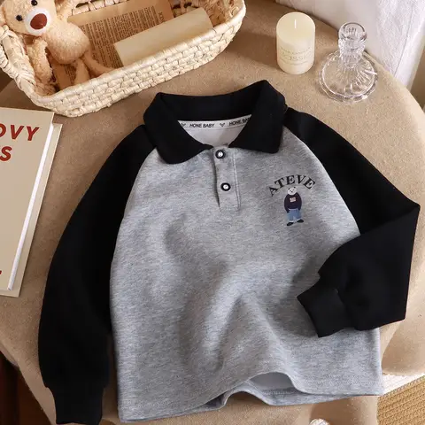 Kid Girl  Top Lapel Bear Print Button Front Children Sweatshirt Casual Wear Stylish Color Blocked Polo Shirt Black Long Sleeves