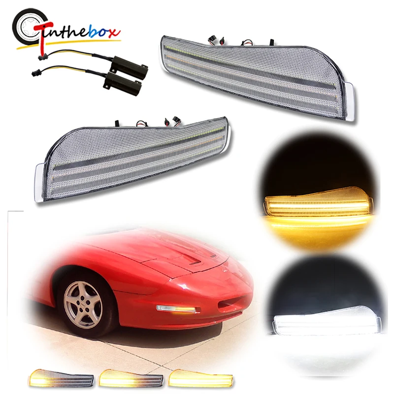 

Gtinthebox Dynamic Amber LED Front Turn Signal Lights w/ White DRL / Driving Lights For 1993-1997 Pontiac Firebird Trans Am 12V