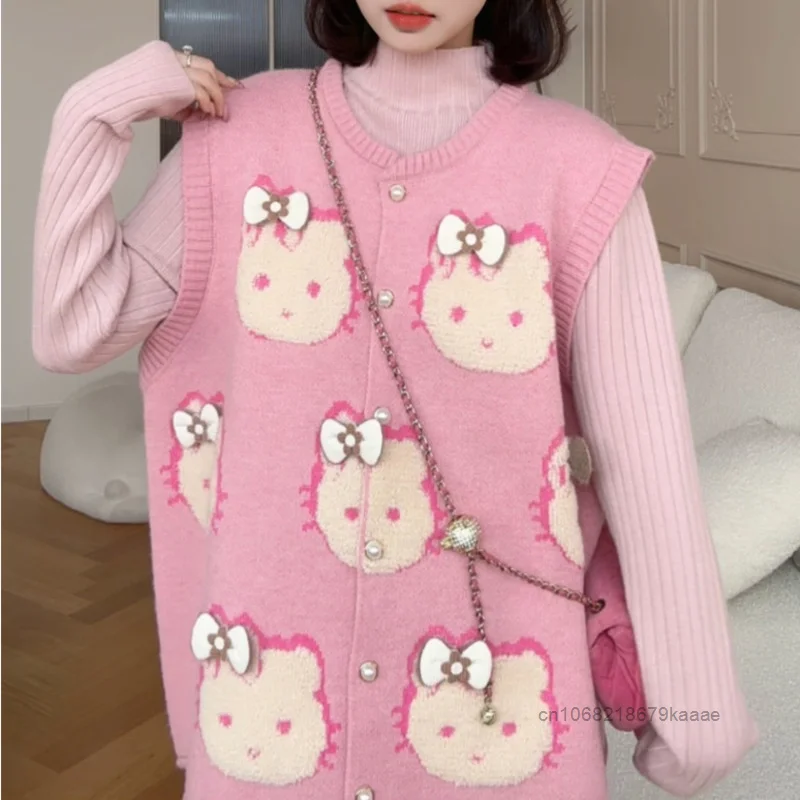 Sanrio Hello Kitty Cute Sweet 3D Bow Design Jacquard Knitted Vest Women Autumn Winter New Trend Loose Sweater Tank Top Cardigan