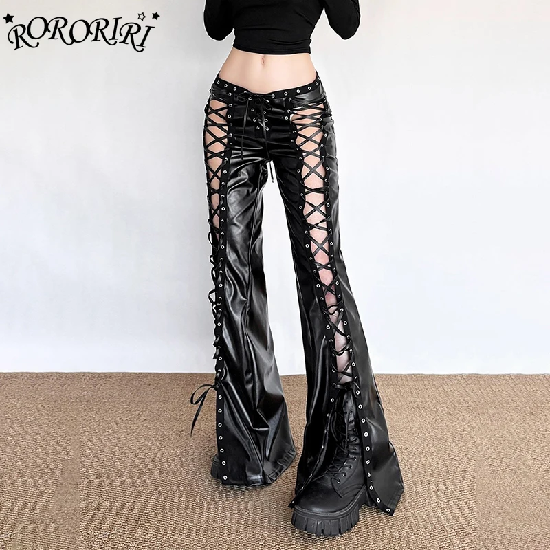 RORORIRI PU Leather Black Pants Punk Hollow Out Strappy Slim Vintage Low Waist Split Bootcut Trousers Festival Grunge Streetwear