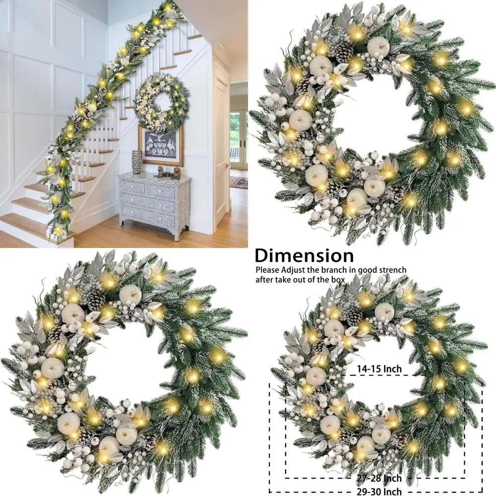 

30-дюймовый рождественский венок на батарейках с 50 светодиодами, серебряными и белыми огнями, украшенный белыми яблоками и ягодами для дерева