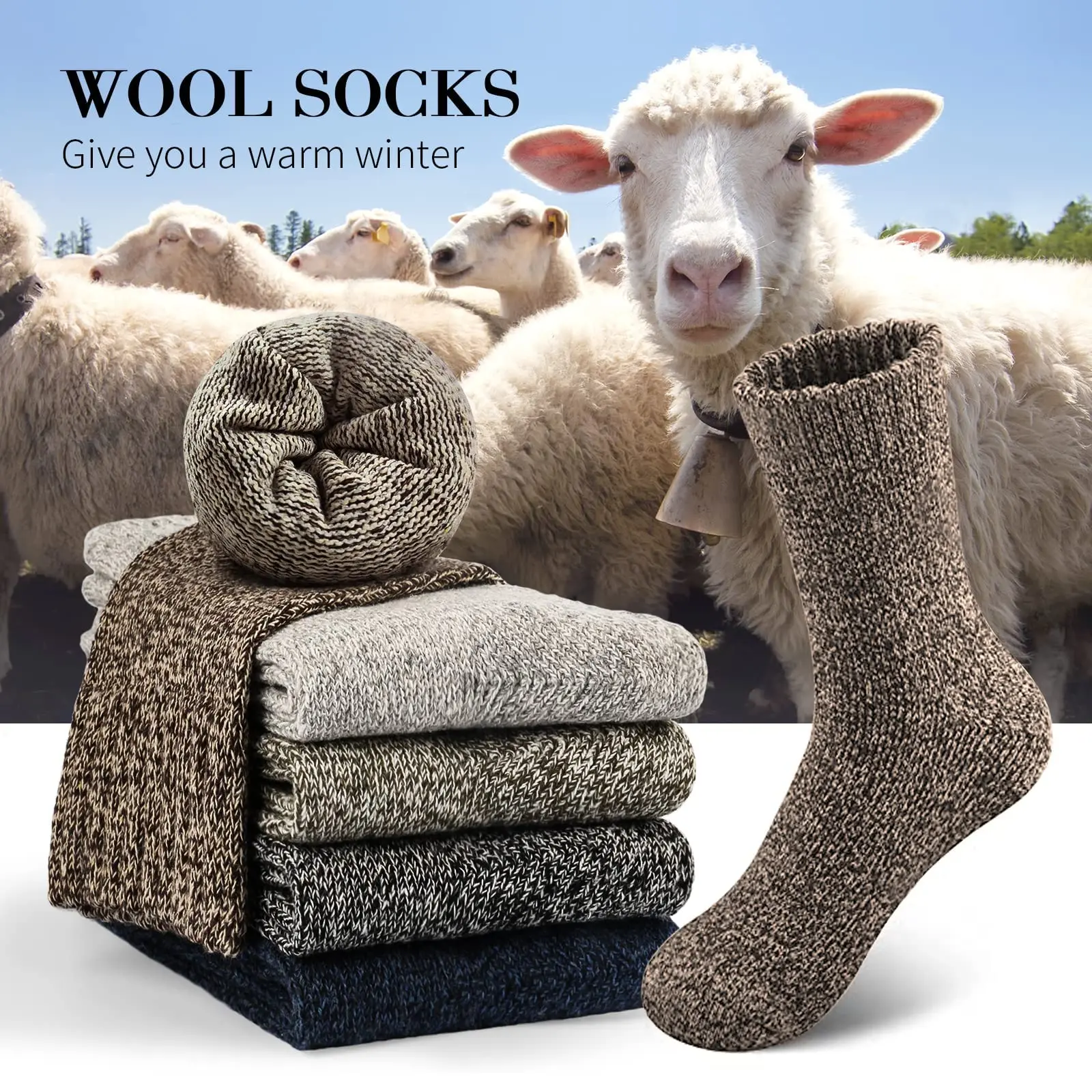 SIMIYA 5 Pairs Wool Socks Mens Thermal Hiking Socks Warm Winter Socks Soft Crew Socks Cotton Socks Against Cold US 7-13