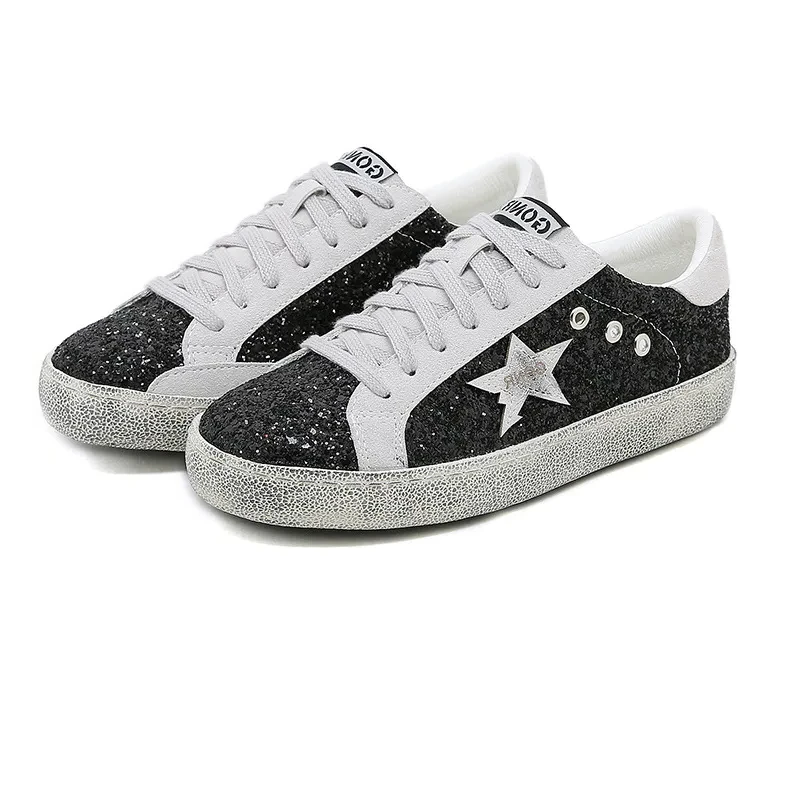 Women\'s  Real Leather Casual Sneakers Star-shaped Sequins Old  Dirty Leisure Men\'s Shoes  Unisex