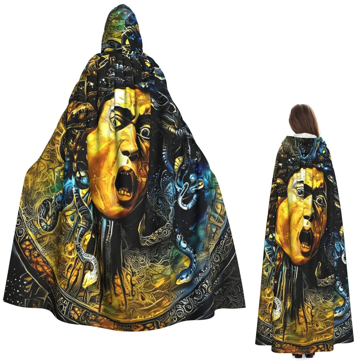 

Medusa By Caravaggio Golden Night Design Long Hooded Cloak Witch Medieval Costume Cosplay Cape HalloweenCoat Adult Unisex