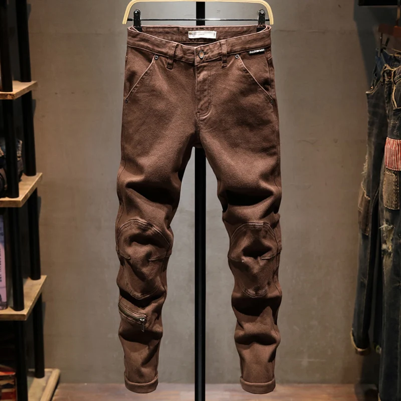 Men Brown Jeans Knee Spliced Wrinkle Design Vintage Washed Stretch Slim Fit Casual Workwear Denim Jeanshombre