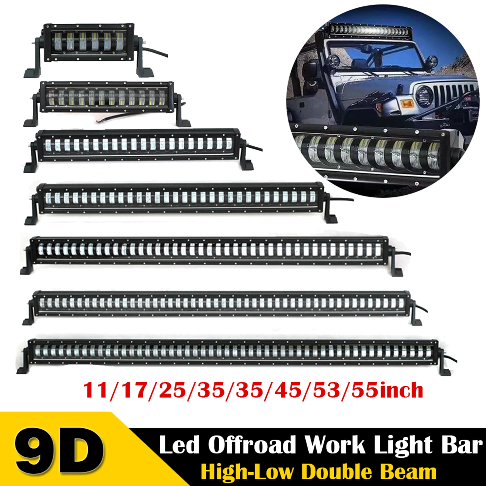 9D Single Row Off-road LED Work Light Bar Hi Low Double Beam 11 17 25 35 45 53 55 INCH Driving Waterproof  For Jeep Car Trucks