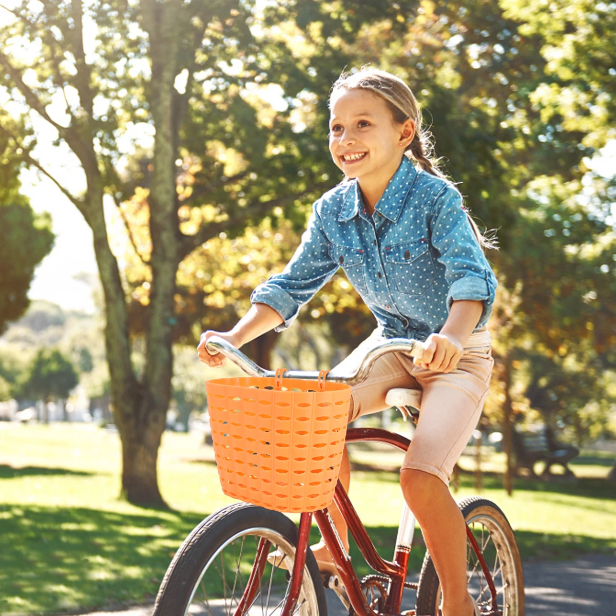 

1pc Children Bike Basket Detachable Plastic Storage Basket For Kids Bicycle Lightweight Easy Install No Tools Orange