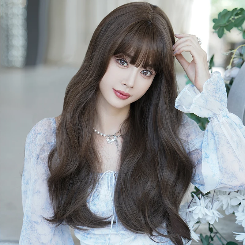 7JHH WIGS Fashion Wavy Light Brown Wig for Women Daily Use High Density Synthetic Layered Hair Wigs with Bangs Beginner Friendly