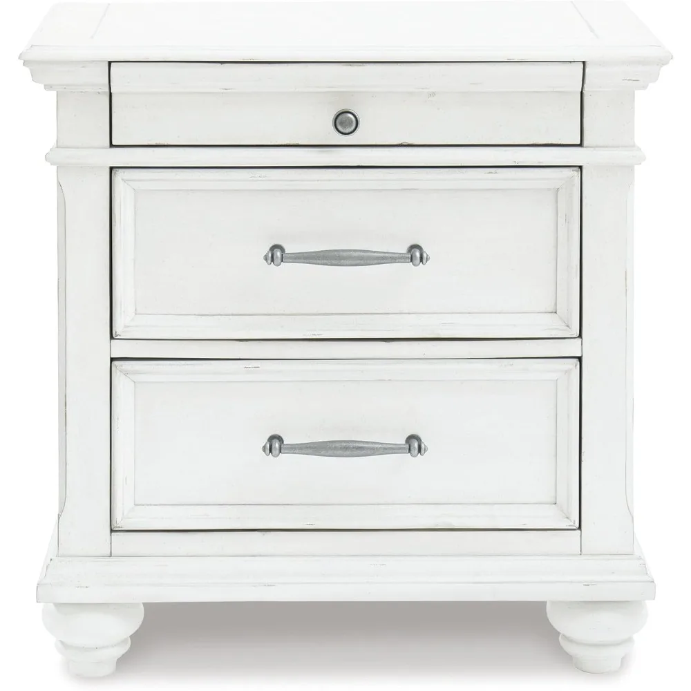 Factory Direct 2026 Ashley Three Drawer Nightstand in Distressed Whitewash Finish