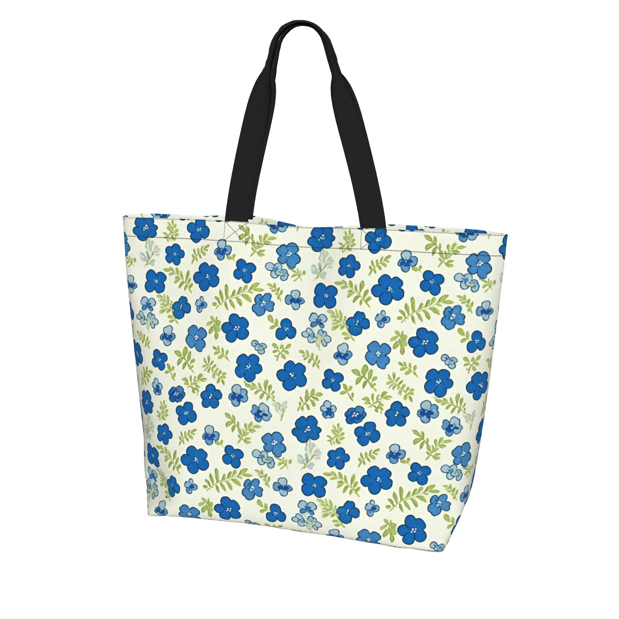 

Women's Large Tote Bag with Blue Green Floral Pattern on White