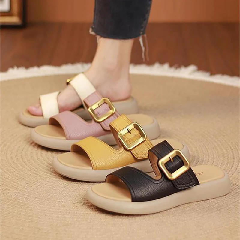 Roman Sandals 2024 Summer New Student Open-Toe Metal Buckle Sandals And Slippers Comfortable Thick-soled Beach Sandals For Women