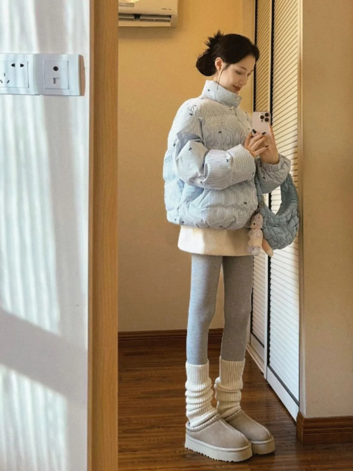 

Korean Style Thickened Fleece Lined Warm Cotton Jacket Women's Spring Striped Knot Outerwear Comfortable Loose Fit