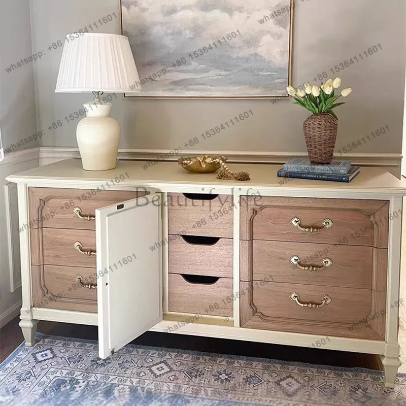 

French retro color matching solid wood porch cabinet small apartment bedroom living room dining side cabinet