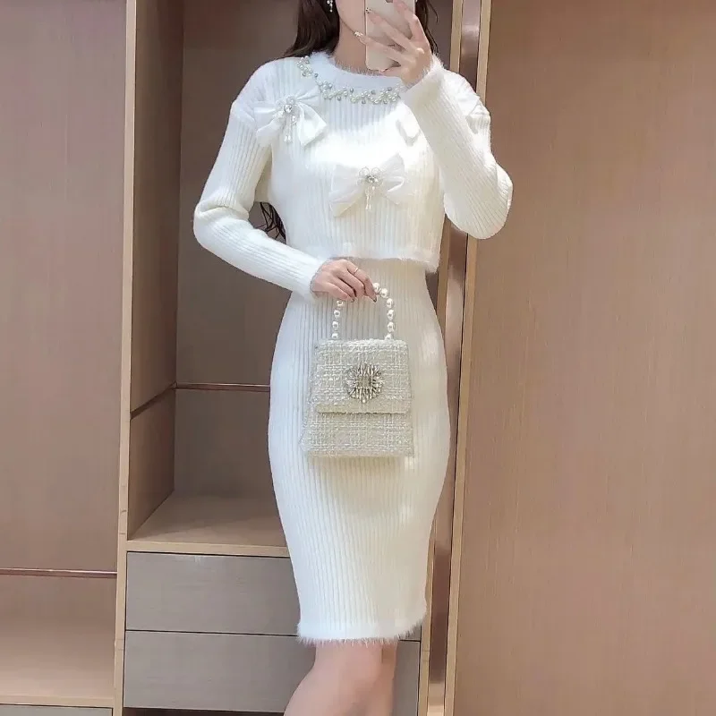 Women Two Piece Sets French Fashion Beading Bow Tassel Short Sweater Sleeveless Knitted Dress Autumn Winter Sweet Suit