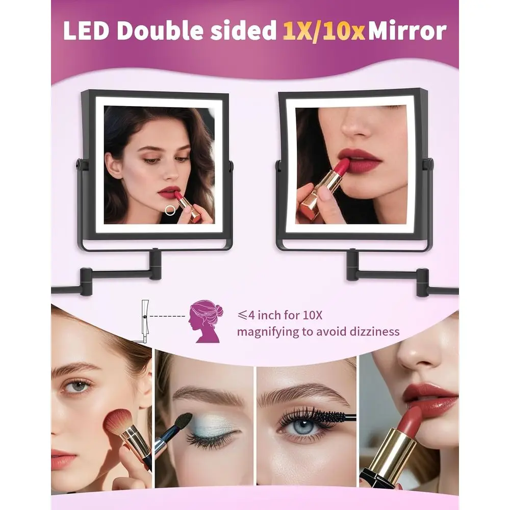 مرآة زينة LED مزدوجة الجوانب، بطارية 4000 مللي أمبير، 360 درجة ° ذراع قابل للدوران، قابل للتعتيم باللمس، 3 ألوان فاتحة، أسود مطفي #5