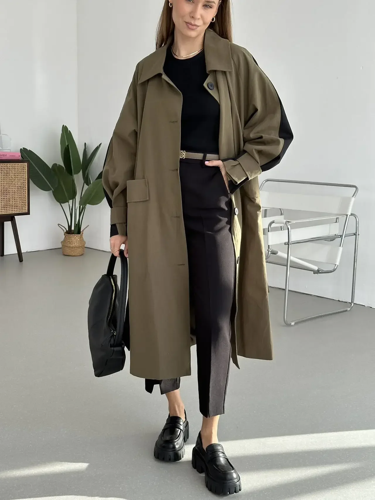 

New vintage panelling contrast long over-the-knee trench coat plus-size loose tall coat woman in outer