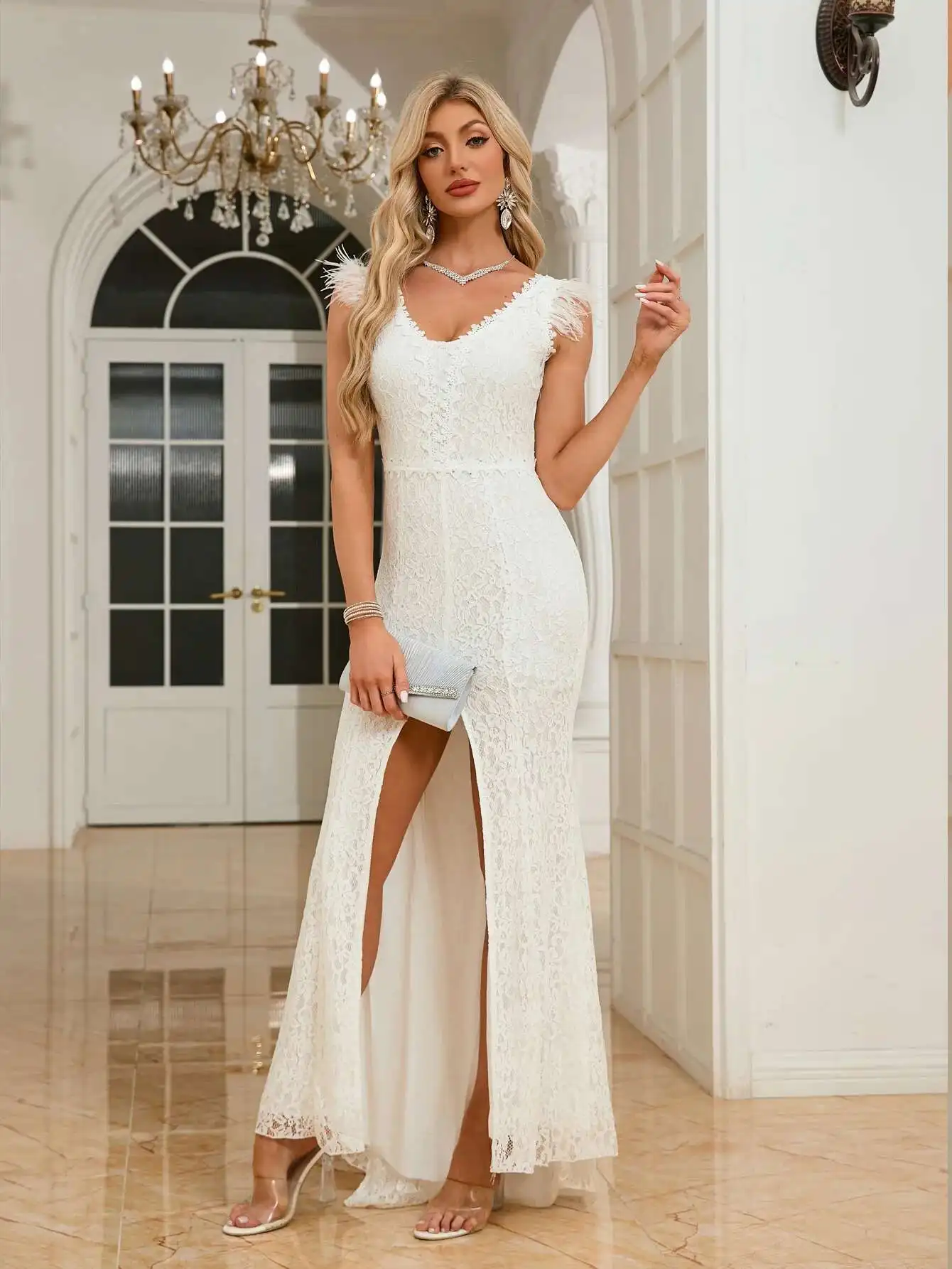 

Dress Wedding 2025 New V-neck Puff White Lace One Shoulder Tail Wedding Dress Fashion 2025 Summer Dress Robe Vestido Women Party