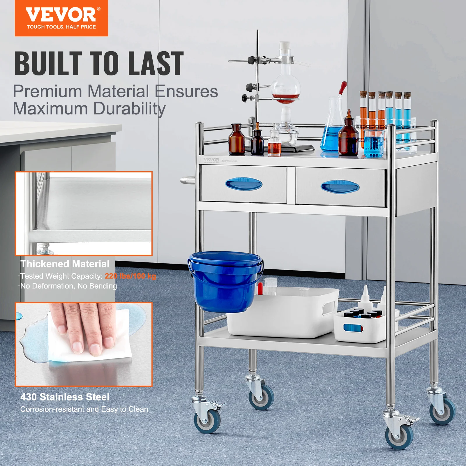 VEVOR Lab Trolley 2/3 Layer Rolling Cart Metal Mobile Trolley 220 lbs Weight Capacity for Laboratory Hospital Dental Use