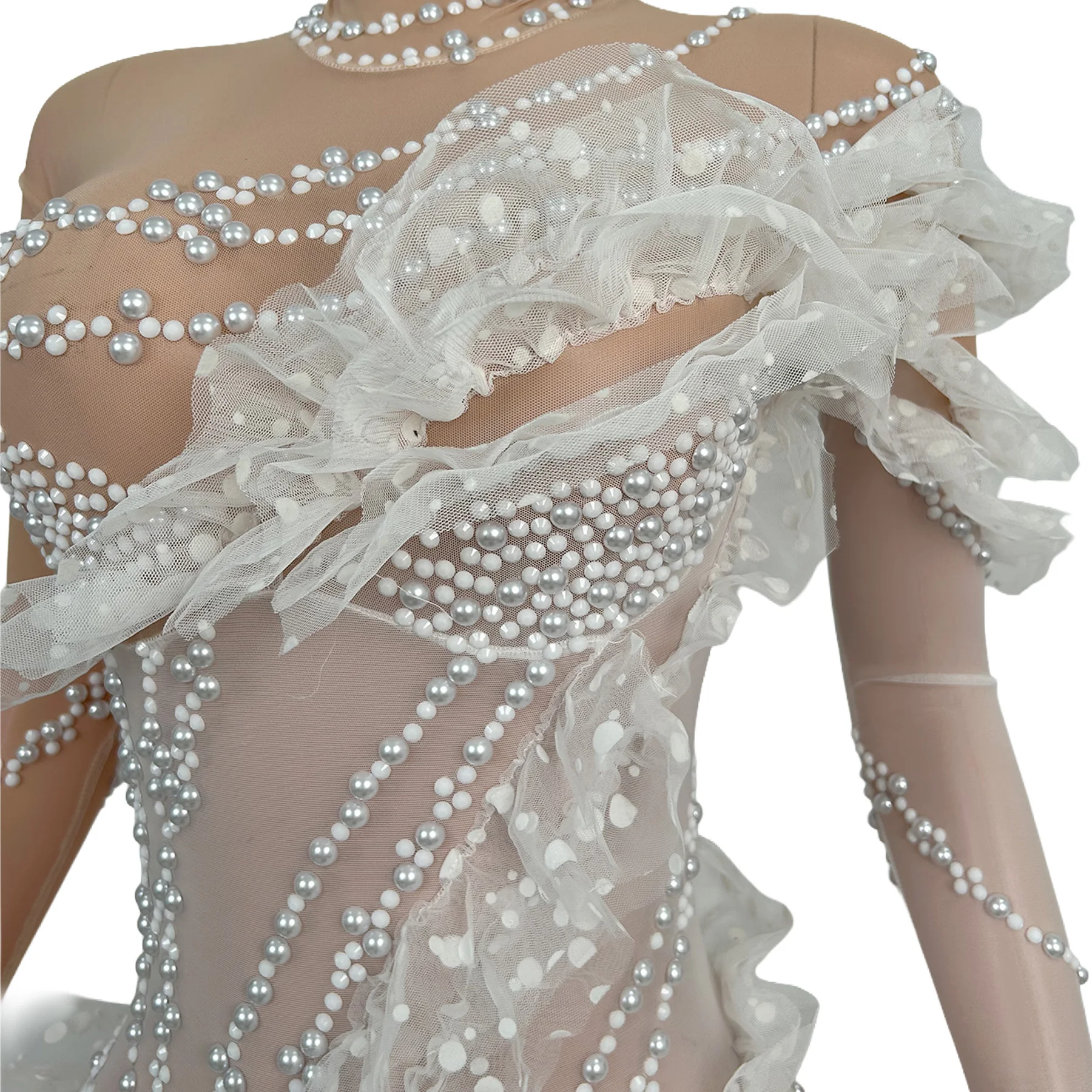Lengyue White Rhinestone Ruffle Mesh Bodysuit Asymmetrical Long Sleeve Women Singer Stage Performance Dance Costume