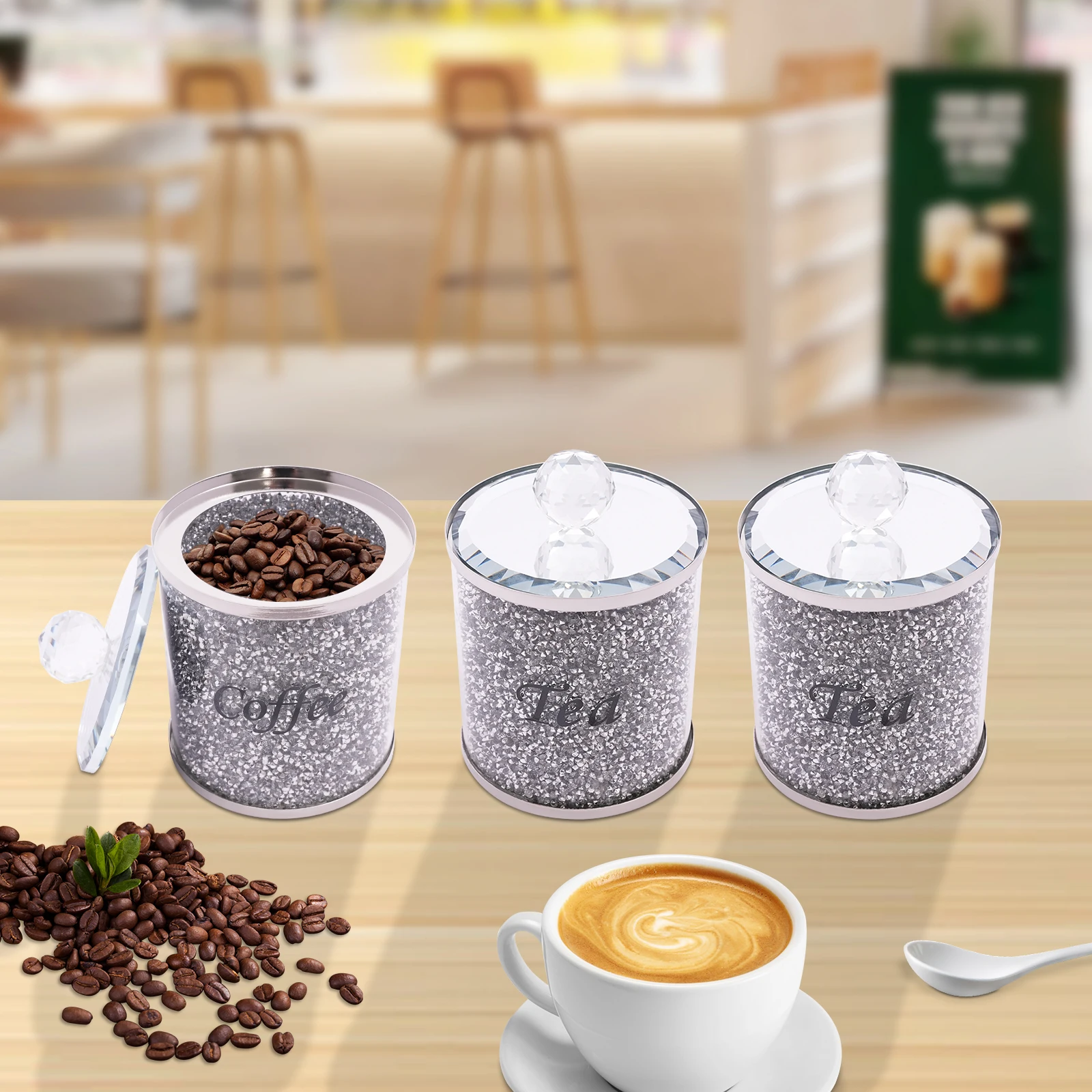 3 pcs Glass Canisters Coffee Sugar Tea Container Crushed Cereal Flour and Canning Diamond Inlay Storage Jar