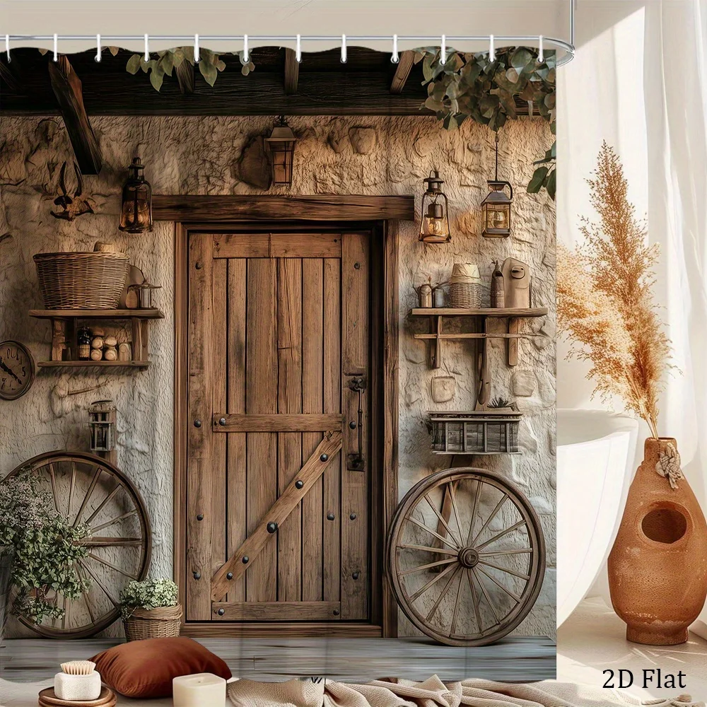 1pc Rustic Farmhouse Shower Curtain, Vintage Wooden Wheel, Barn Door, and Lantern Design, Pastoral Style Art Pattern, Suitable f